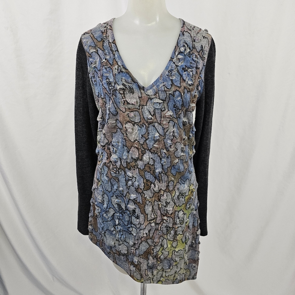 Alberto Makali Asymmetric Hem Textured Print Wool Blend Sweater Gray/Blue Large